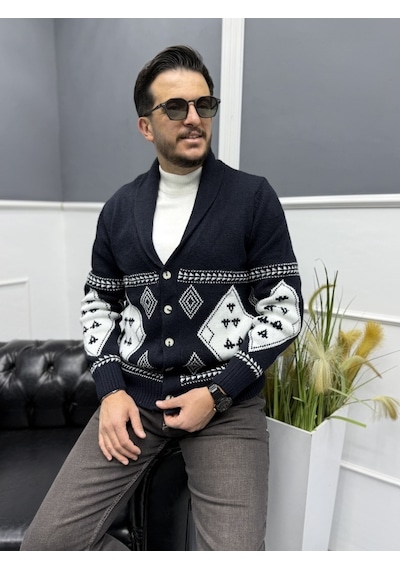 Avni Ceylan Retro Desenli Şal Yaka Erkek Triko Hırka Siyah