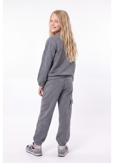 Fyk Kids 3 İplik Kız Çocuk Düz Kısa Bel Sweatshirt Bisiklet Yaka Eşofman Takımı Füme