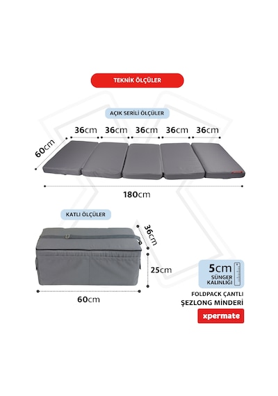 Xpermate Katlanır Şezlong Minderi Çantalı Cepli Foldpack 30x60gri