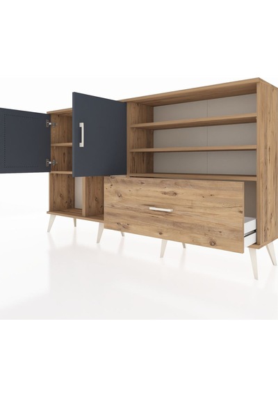 Arges Konsol 7 Raflı Tek Çekmeceli 2 Kapaklı 176x30x99 Çam-antrasit/çam Antrasıt/atlas Çam - Atlas Çam