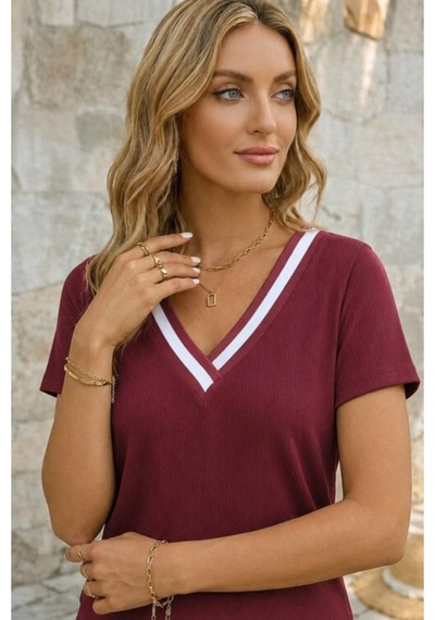 Butik İstanbul Kadın Kısa Kollu V Yakalı Bürümcük Bluz Bordo