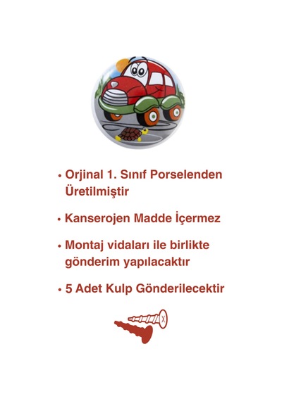 5 Adet Porselen Araba Çocuk Odası Mobilya Kulbu Seti - Dolap ve Çekmece Kulpları Kırmızı