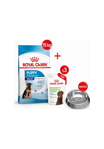 Maxi Puppy- Kuru Köpek Maması 15kg + Yavru Ödül Maması3x + Çelik Mama Kabı