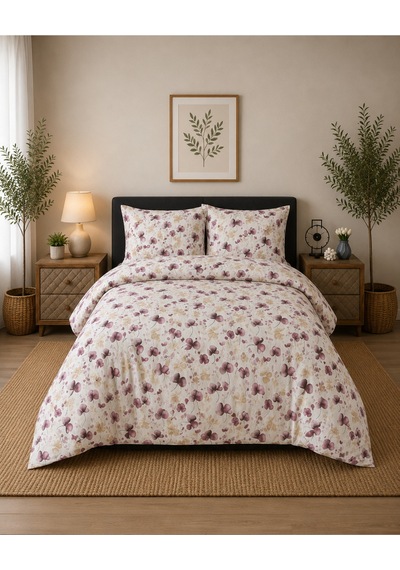 Çift Kişilik Nevresim Takımı %100 Pamuk 200x220 Lastikli Çarşaflı 160x200 Bej-bordo