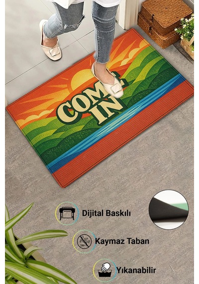 Valerine Life Retro Come In Yazılı Dijital Baskılı Ev Ofis İşyeri Dış Kapı Önü Paspası 45x70cm Kahverengi