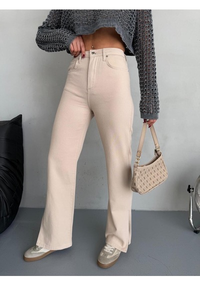 Bej Denım Kumaş Yırtmaç Detaylı Wide-leg Pantolon Bej