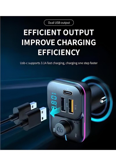 55w Hızlı Şarj Destekli Çift Usb + Type-c Çıkışlı Bluetooth Fm Modülatör Transmitter Mt9874