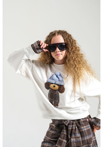 Loco Loco Ekru Şapkalı Köpek Baskılı Çocuk Sweatshirt