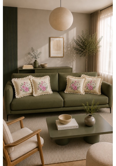 4'lü Fırfırlı Çiçek Desenli Dekoratif Kırlent Kılıfı %100 Pamuk Organik Boya Baskılı 45x45 Cm Şeffaf