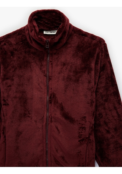 Koton Dik Yaka Fermuarlı Cep Detaylı Oversize Peluş Ceket Bordo 6wmg60026ık