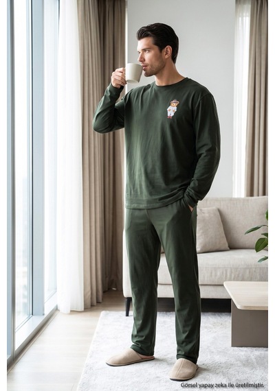 Siyah İnci Baskılı Pamuklu Likralı Örme Pijama Takım 26241803 Haki