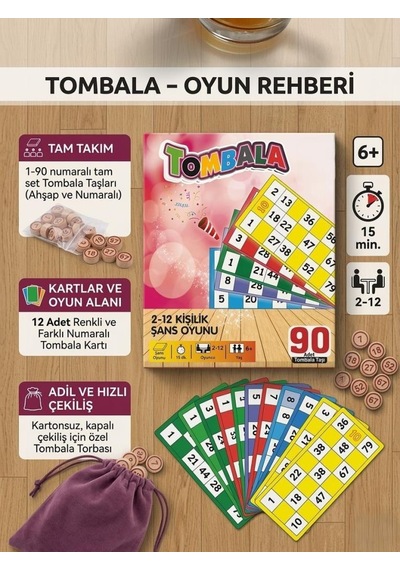 Eğlenceli Tombala 2-12 Kişilik 90 Adet Taşlı Tombala Eşleştirme Aile Kutu Oyunu Seti