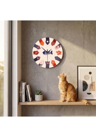 Cajuart Dekoratif Sevimli Kedi Patileri 30 Cm Ahşap Duvar Saati Sessiz Çok Renkli