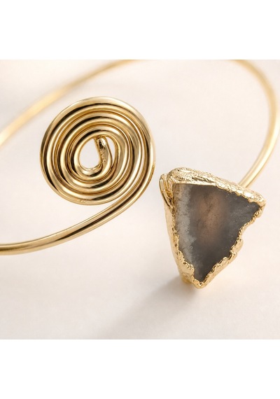 Doğal Gri Akik Taşlı Altın Tonlu Açık Uçlu Spiral Kadın Bileklik Gold