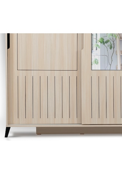 Pasifichome Huga Sürgülü Gardırop Meşe 140Cm / 2 Kapaklı Çekmeceli Dolap