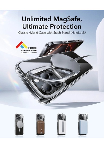 Esr Apple Uyumlu iPhone 16 Pro Kılıf + Ekran Koruyucu Cam Halolock Standlı Magsafe Classic Hybrid Şeffaf