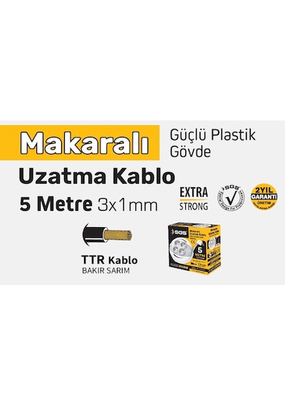 Sgs2190 - 5 Metre Makaralı Uzatma Kablo 3 X 1 Bakır Sarım Ttr Kablo 5 M