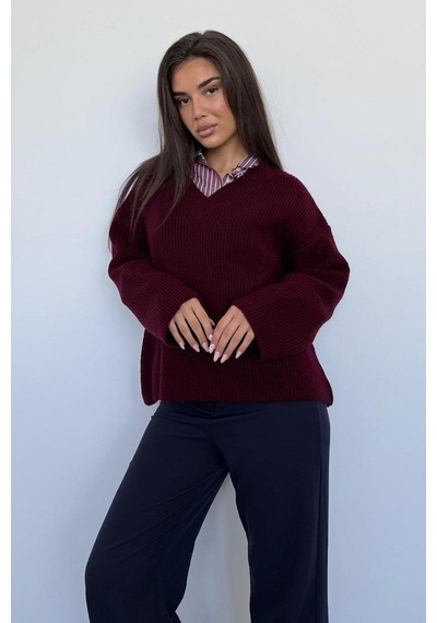 Madmext Bordo V Yaka Triko Kadın Kazak Mg2501 Bordo