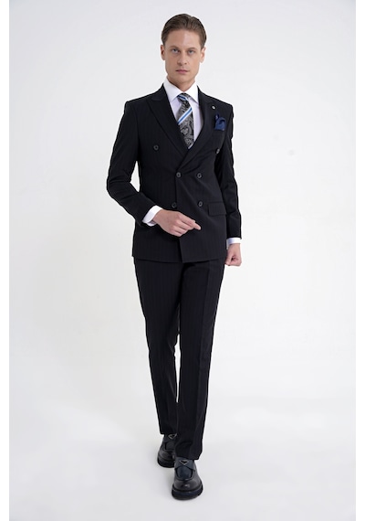 Efor Slim Fit Çift Yırtmaç %95 Pamuk Lacivert Çizgili Kruvaze Takım Elbise Tk 945