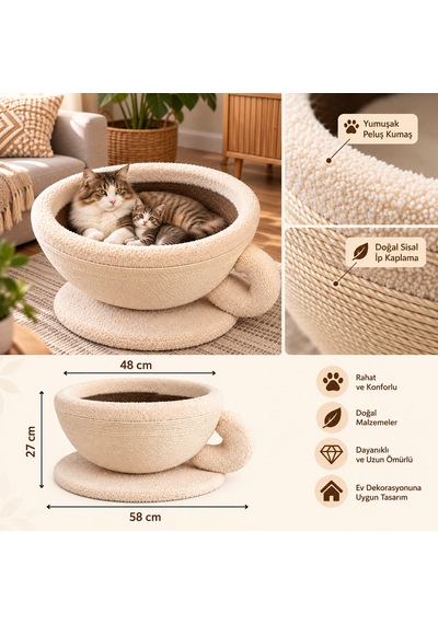 Pureza Kahve Fincanı Tasarımlı Kedi Yatağı & Sisal Tırmalama Yüzeyli Dekoratif Peluş Kedi Evi