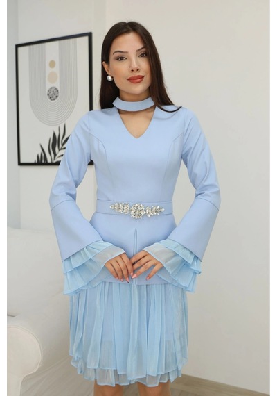 Lodmela Büzgü Detaylı Kemerli Elbise 2338-bebe Mavisi Bebe Mavisi