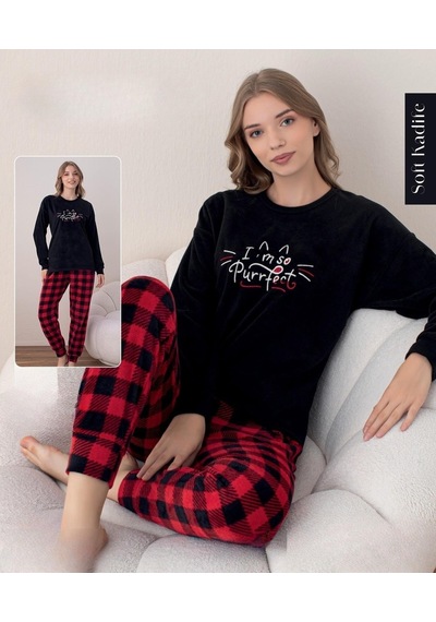 Boyraz Kadın Kışlık Bisiklet Yaka Soft Kadife Pijama Takımı 07018 - 1 Adet Siyah