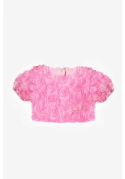 Le Mabelle Pembe Kısa Kollu Gül Aplike Detaylı Kız Çocuk Crop Bluz - Millie Pembe