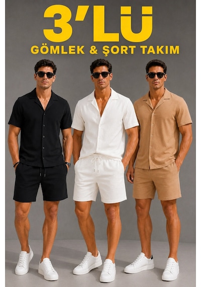 Barlashive Erkek 3 Lü Krep Kumaş Cepli Gömlek Şort Takım Kısa Kollu Bağcıklı - Siyah , Beyaz , Bej Çok Renkli