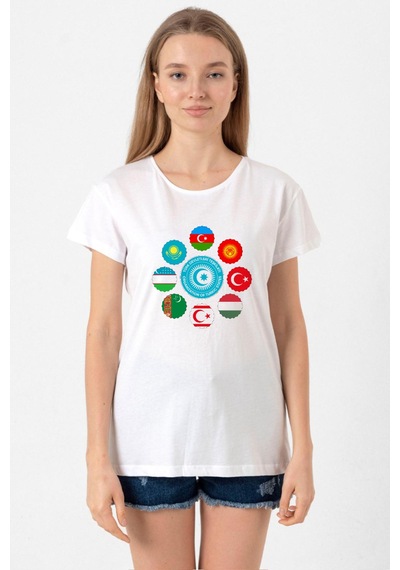 Türk Devletleri Teşkilat Beyaz Kadın Bisikletyaka Tshirt Beyaz