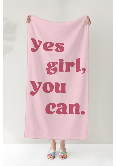 Motivasyon Yazılı Yes You Can Pembe Plaj Havlusu - Minimalist Tipografik Banyo Sahil Örtüsü Mat Kabuğu