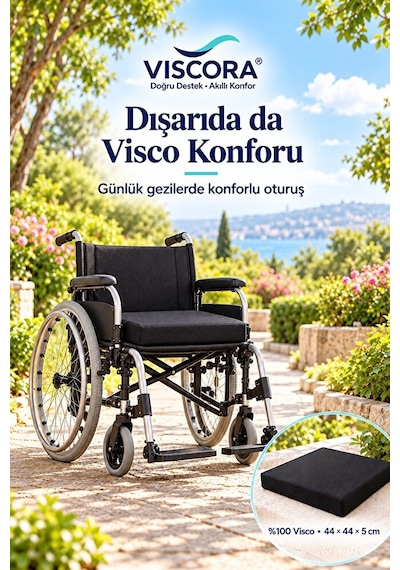 Tekerlekli Sandalye Minderi %100 Visco Kare Oturma Minderi, Kaymaz Taban 44 44 5 Cm Siyah