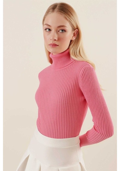 Onno Style Women Fitilli Balıkcı Yaka Basic Kazak Pembe