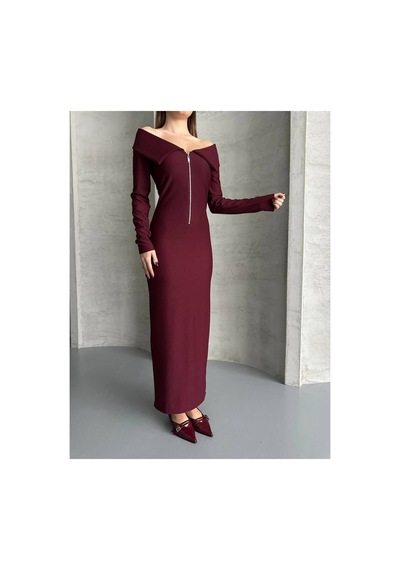 Asur Boutique Asur Butik Yarı Fermuarlı Ottoman Kumas Elbise Bordo