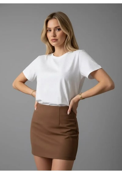 Park Karon 26047 Pamuk Kadın Bisiklet Yaka Taş İşleme Oversize Penye Bluz Ekru