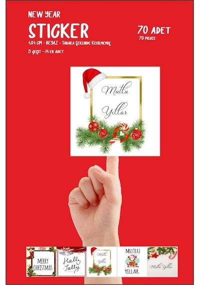 Yeni Yıl Yılbaşı Happy New Year Etiket 70 Adet Tabaka Şeklinde St