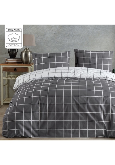 %100 Pamuklu Çift Kişilik Nevresim Takımı 200x220 4 Yastık Kılıflı Lastikli Çarşaflı 180x200+25 Antrasit Beyaz