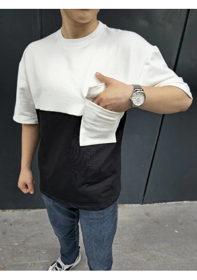 Erkek Kısa Kol Yazlık Tişört Torba Cepli Parçalı T-shirt - Siyah