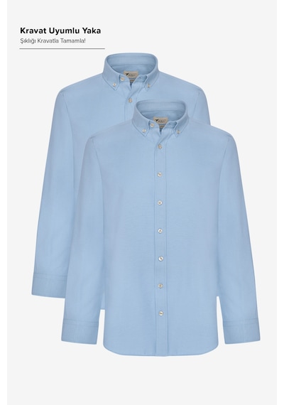 AC&Co / Altınyıldız Classics Erkek Mavı 2'li Pamuklu Kolay Ütülenebilir Slim Fit Dar Kesim Oxford Gömlek Paketi Mavi