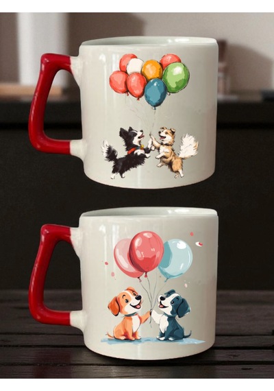 Balonlu Köpek Baskılı 2'li Kupa - Erkek Öğretmene Öğretmenler Günü Hediyesi, Doğum Günü Hediye Beyaz