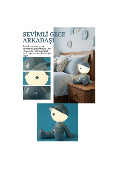 Street-style Şapkalı Çocuk Lamba - Şarjlı Taşınabilir Dekoratif Gece Lambası Mavi 8381888