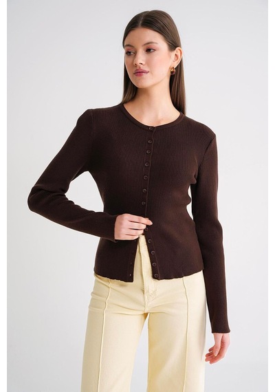 Hiccup Mixray Düğmeli Slim Fit Yivli Örgü Hırka Kahve Kahvesi