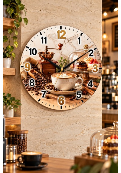 Kahve Cafe Temalı Duvar Saati 45 Cm Kahve Dükkanı Kafe Mutfak Uv Baskı Sessiz Akar Mekanizma 919 Çok Renkli