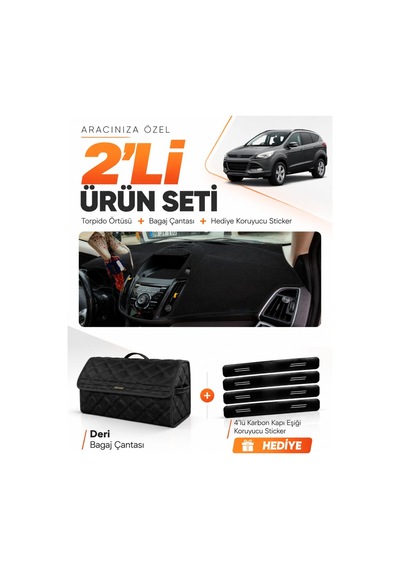 E-biz Ford Kuga 2013-2015 Uyumlu Torpido Örtüsü + Deri Bagaj Çantası Seti - Siyah - Fo026