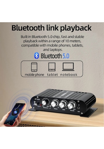 St-838 Hifi 2.1 Kanal Güç Amplifikatörü Bluetooth Uyumlu 5.0, 20wx2 Subwoofer Audio Amplifier Add Power Adapter