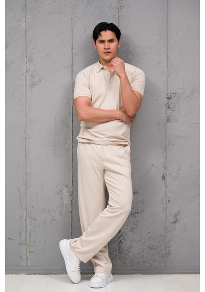 Mass Plus Regular Fit Likralı Kendinden Çizgili Yarım Baggy Pantolonlu T-shirt Takım Krem