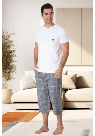 Mecit Pijama Mecit 2913 Gri Ekoseli Erkek Büyük Beden Capri Pijama Takımı Gri