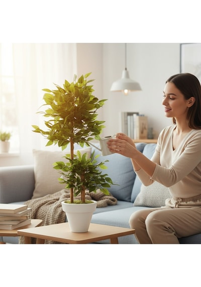 Yapay Çiçek Beyaz Saksıda Benjamin Salon Balkon Ev Ağacı Yeşil Bitkisi Bambu Gövdeli Dolgun Yeşil