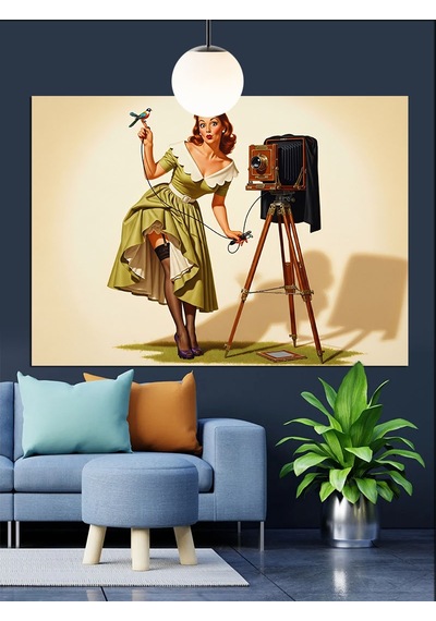 Vintage Fotoğrafçı Kadın Kamera Dekoratif Kanvas - Mdf Ahşap Tablo
