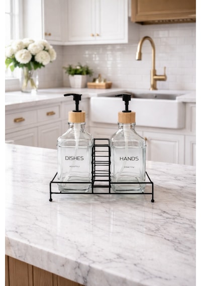 Makri Home Modern Cam Ikili Sıvı Sabunluk & Deterjanlık Seti-500 Ml Cam Sabunluk, Metal Stand'lı Beyaz
