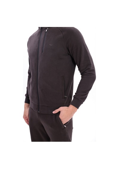 Rowinger 3 İplik Kalın Dokulu Pilot Yaka Velör Şeritli Tam Fermuarlı Erkek Sweatshirt Brown